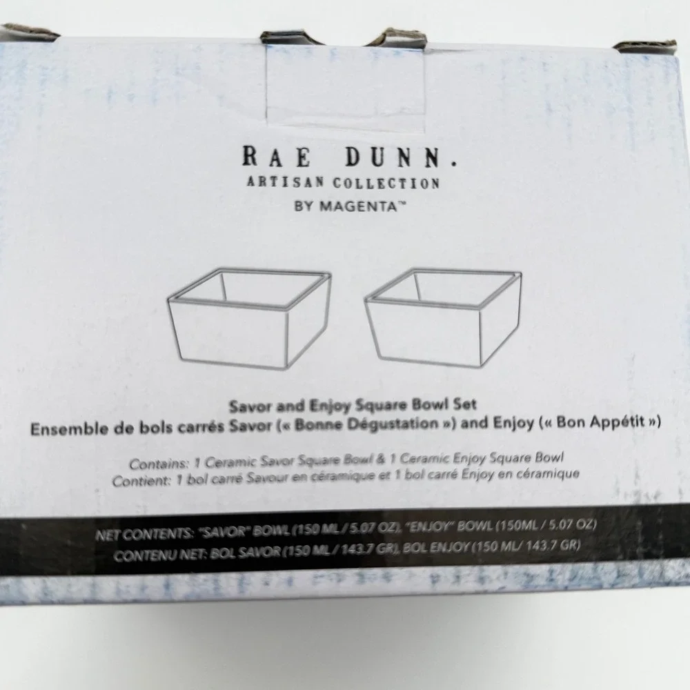Rae Dunn Savor‎ and Enjoy Square Bowl Set Green White Ceramic 2pc
